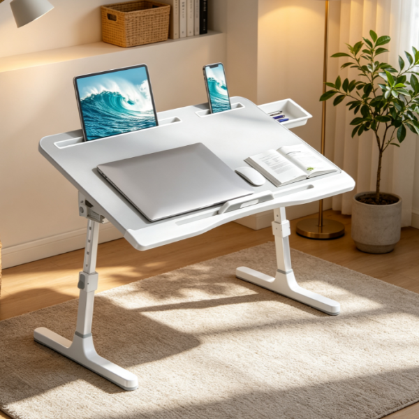 Extra Large Foldable Laptop Bed Desk with Leather Desktop and Drawer, Grey